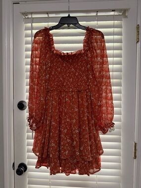 Altar'd State Rust Floral Long-Sleeve Mini Dress